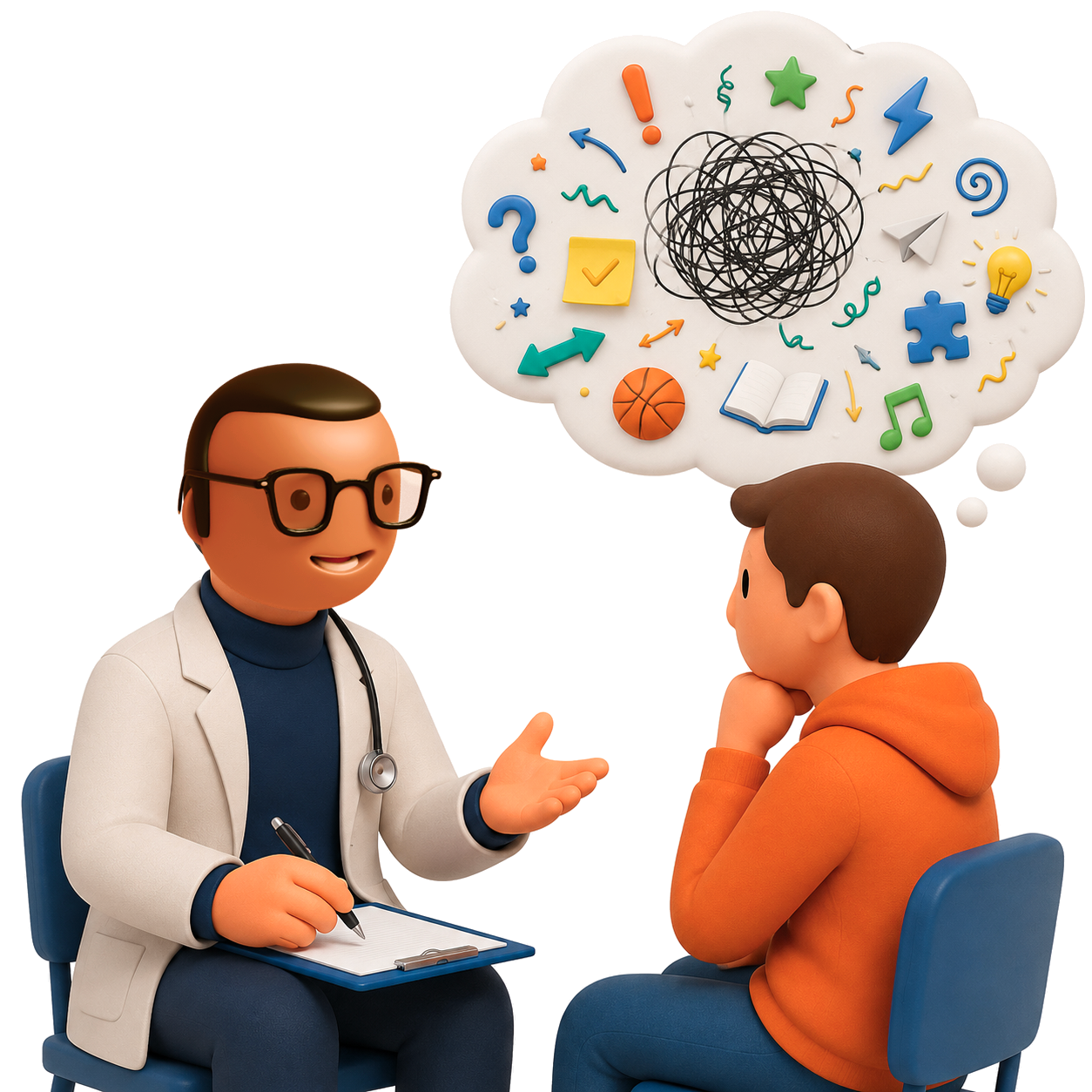 Formation TDAH adulte – Consultation avec Ignaz Illustration 3D d’un médecin consultant un patient adulte atteint de TDAH, avec une bulle de pensée représentant les symptômes du trouble déficitaire de l’attention avec ou sans hyperactivité.