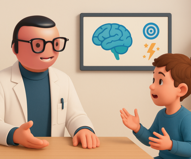 Illustration 3D d’Ignaz, médecin formateur, échangeant avec un jeune patient lors d’une consultation pour TDAH. Un schéma du cerveau et des pictogrammes de concentration sont visibles à l’arrière-plan.